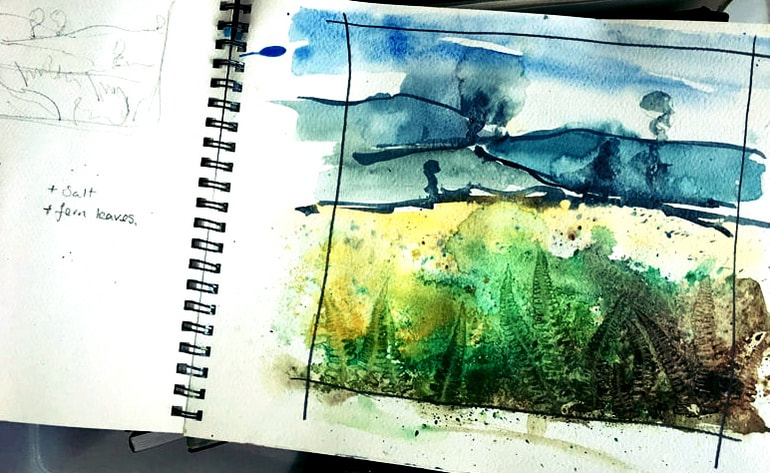 Louise Luton Sketchbook page of countryside watercolour