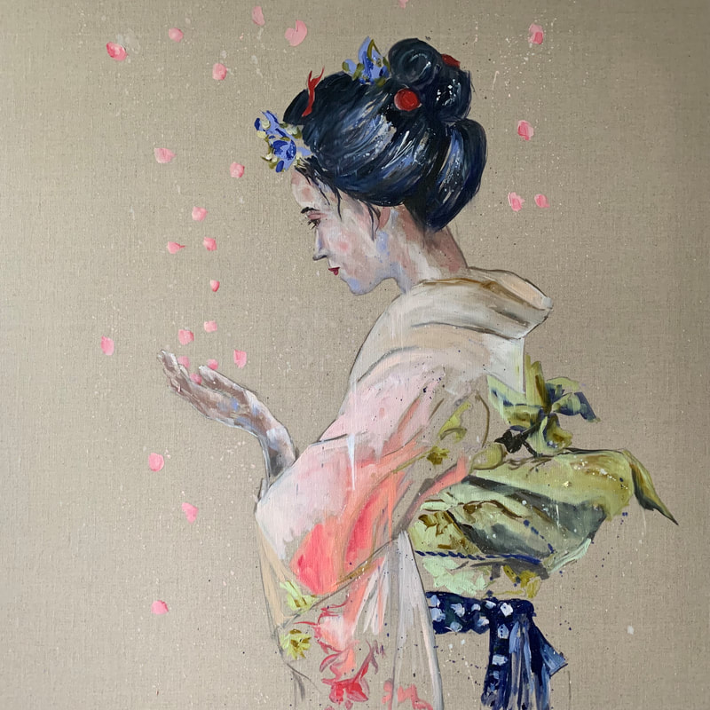 Painting of kimono and cherry blossom by Louise Luton