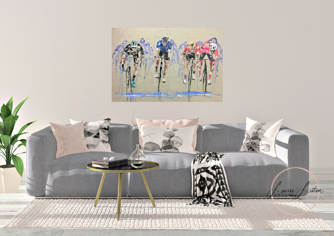 Cycling  oil painting  by Louise Luton in lounge setting