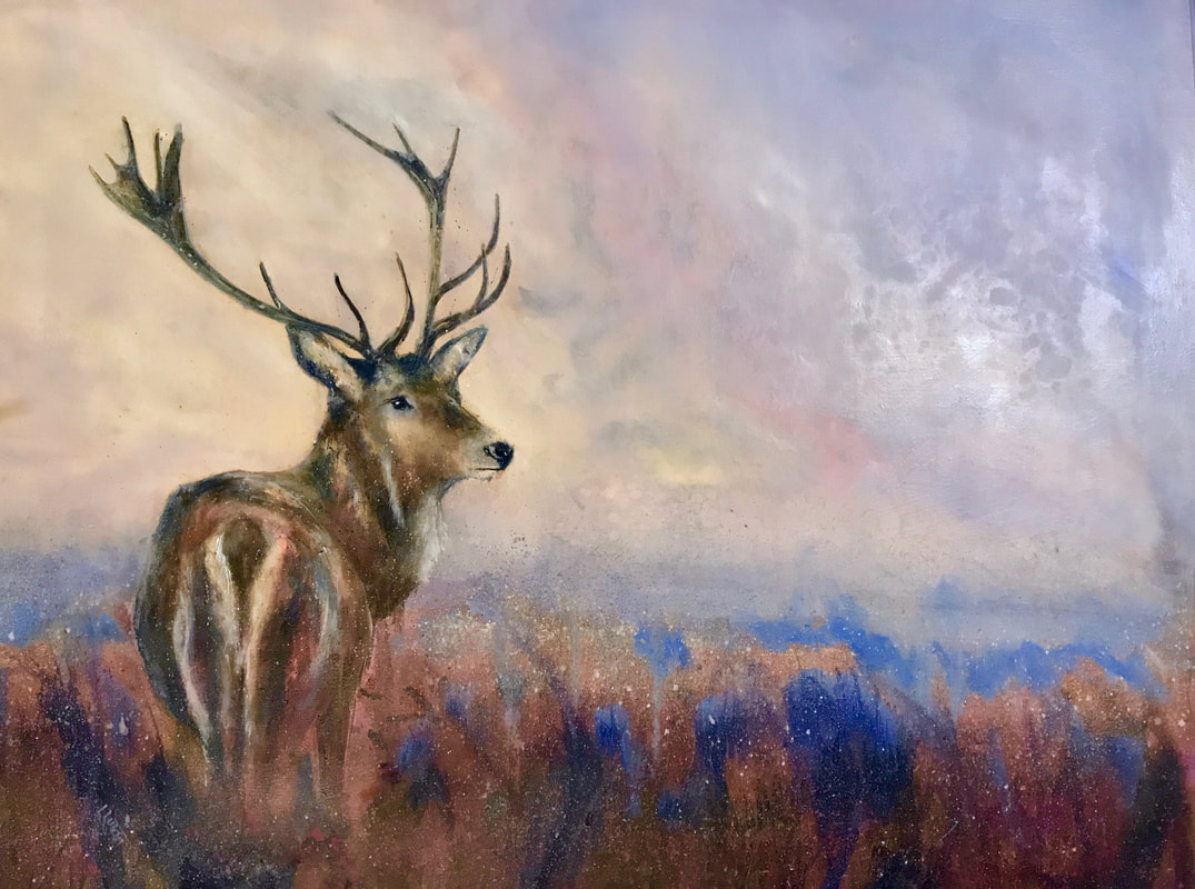 Stag painting by Louise Luton, framed