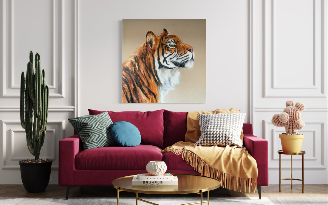 Lion oil painting by Louise Luton in lounge setting